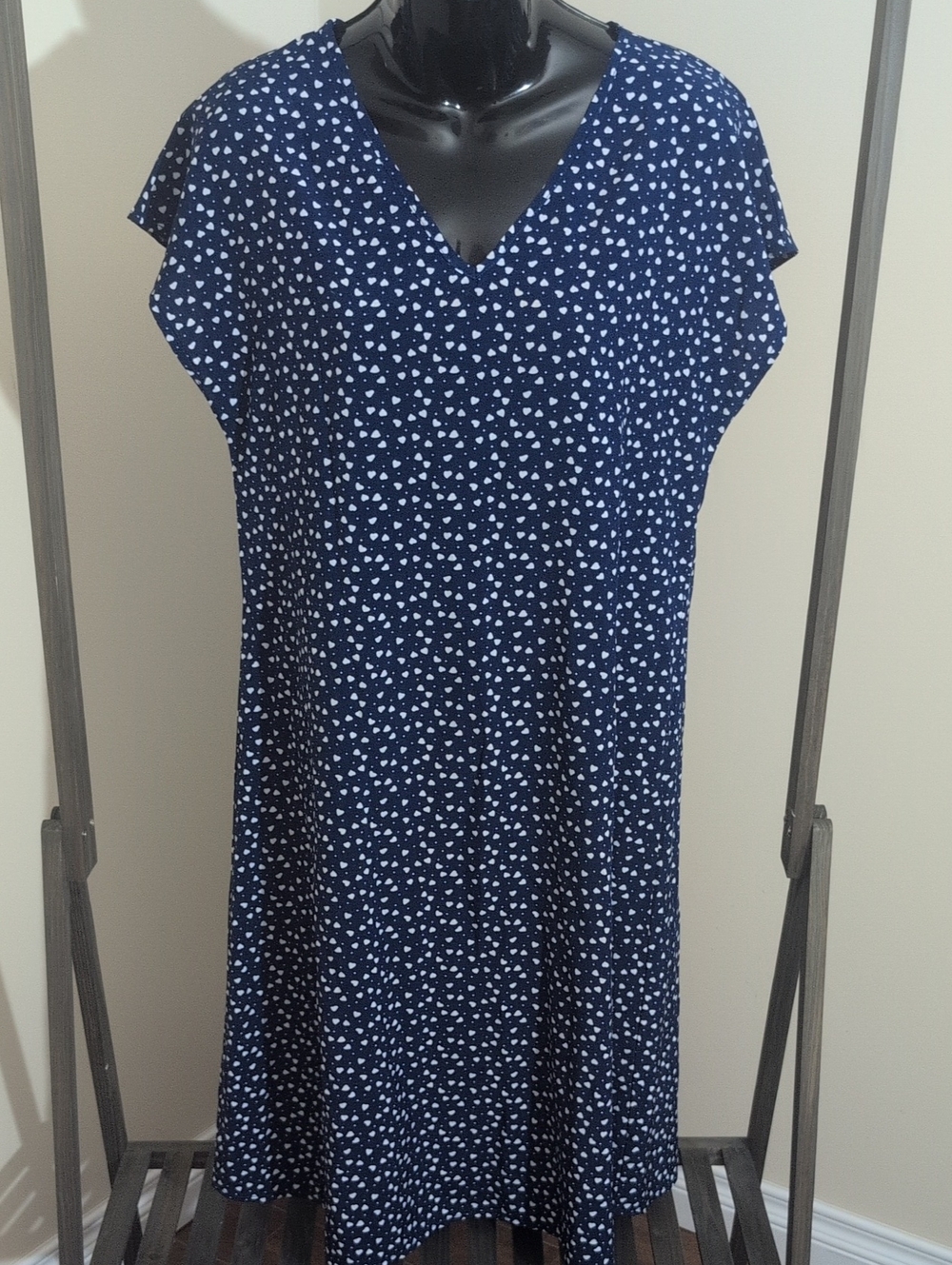 Navy With White Heart And Polka Dot Print V-Neck Women’s Dress